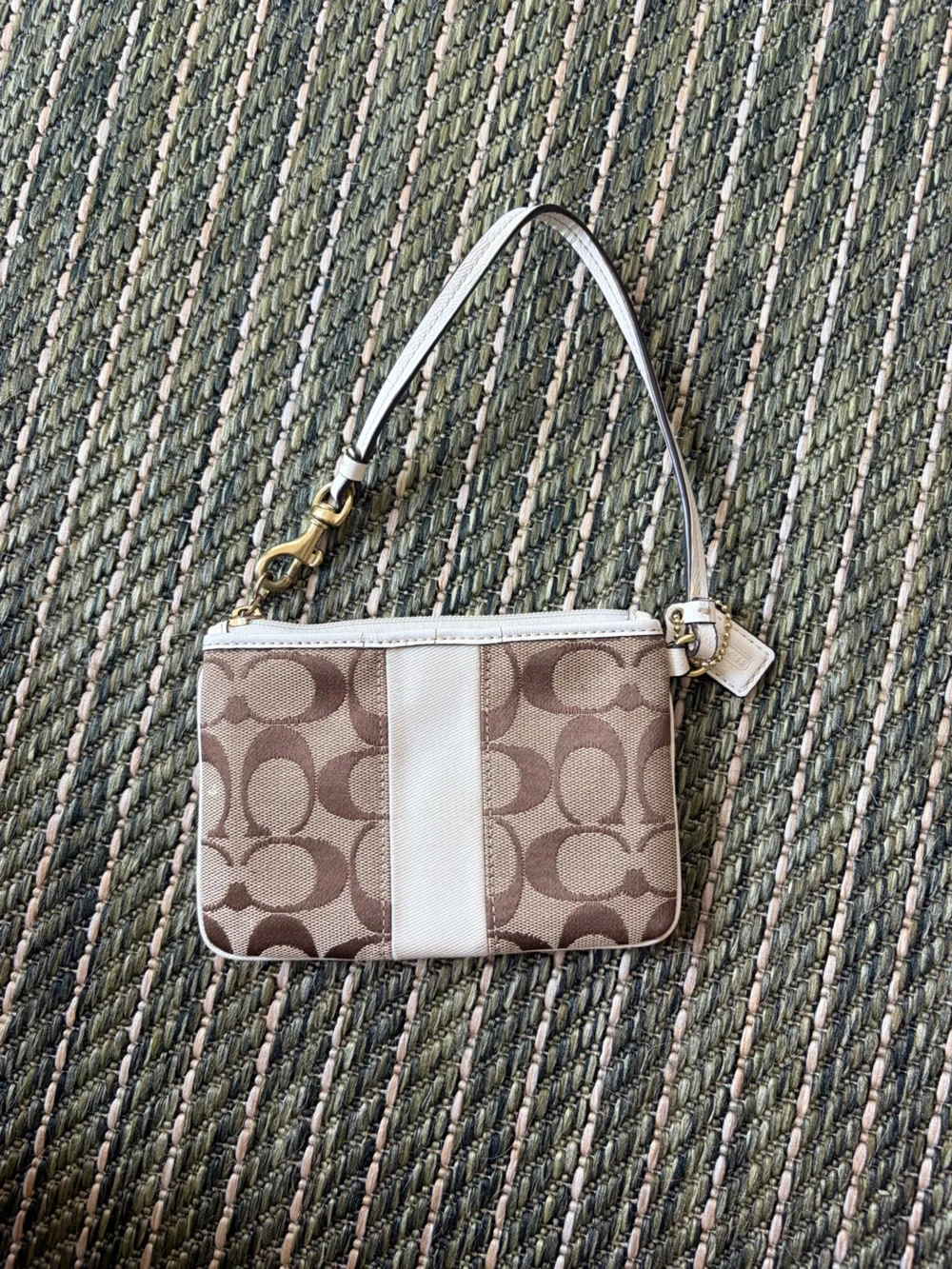 Coach Brown and Cream Signature Canvas Wristlet with Gold Hardware